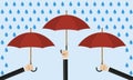 Hands holding umbrellas banner. Rain or storm protection with water drops background. Insurance and business concept. Vector.